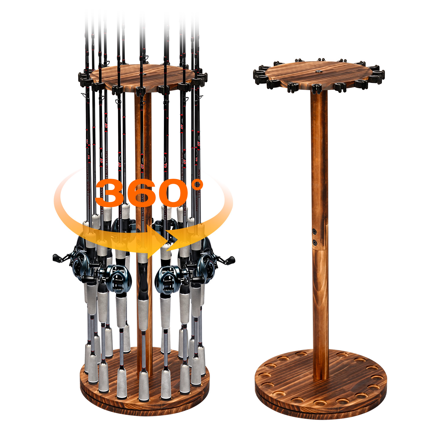 Fishing Equipment Holder - Yuvarlak Kömürleşmiş Ahşap Olta Tutucu Döndürülebilir